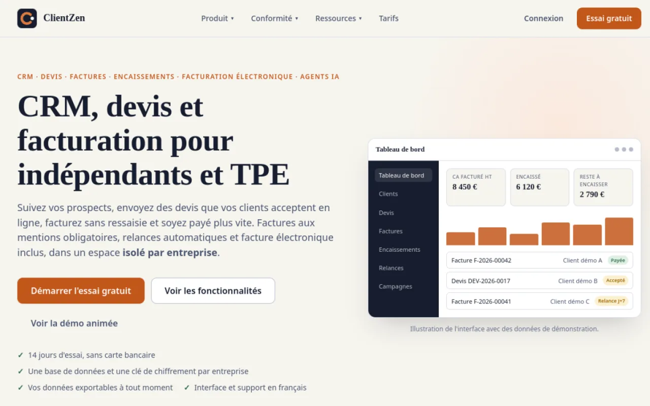 Page d'accueil de ClientZen : titre « CRM, devis et facturation pour indépendants et TPE » et aperçu du tableau de bord