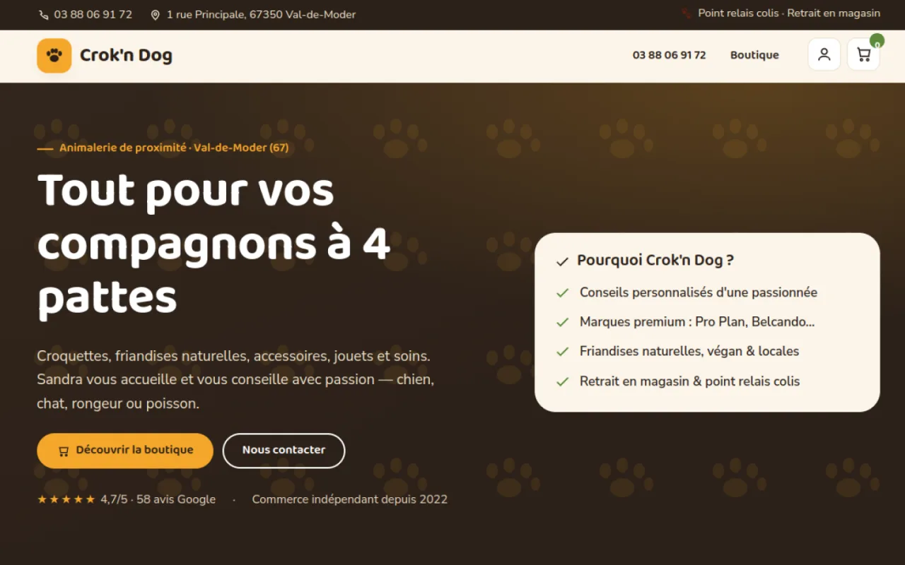 Page d'accueil de Crok'n Dog, animalerie de proximité à Val-de-Moder