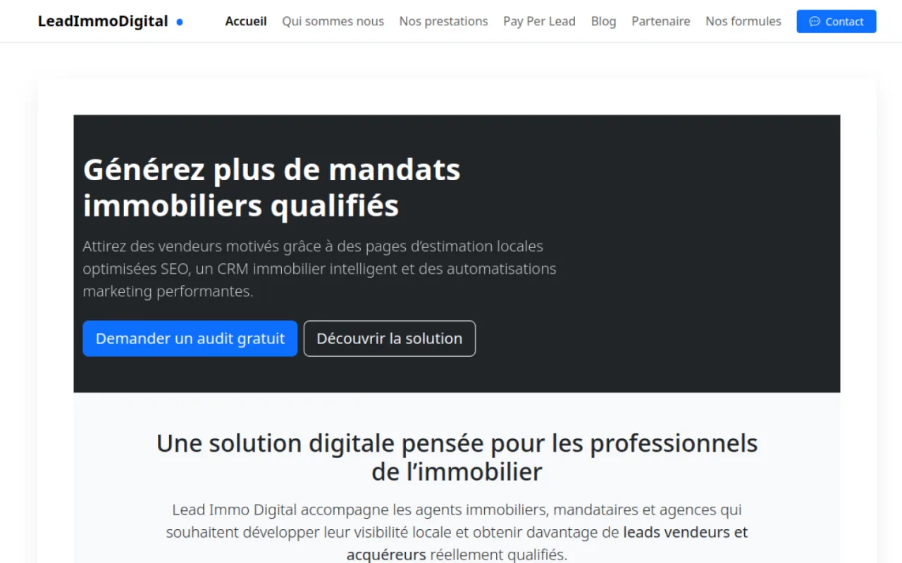 Page d'accueil de Lead Immo Digital : « Générez plus de mandats immobiliers qualifiés »