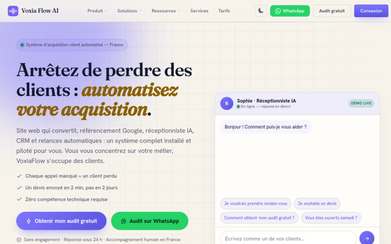 Page d'accueil de Voxia Flow AI avec la démonstration en direct de la réceptionniste IA